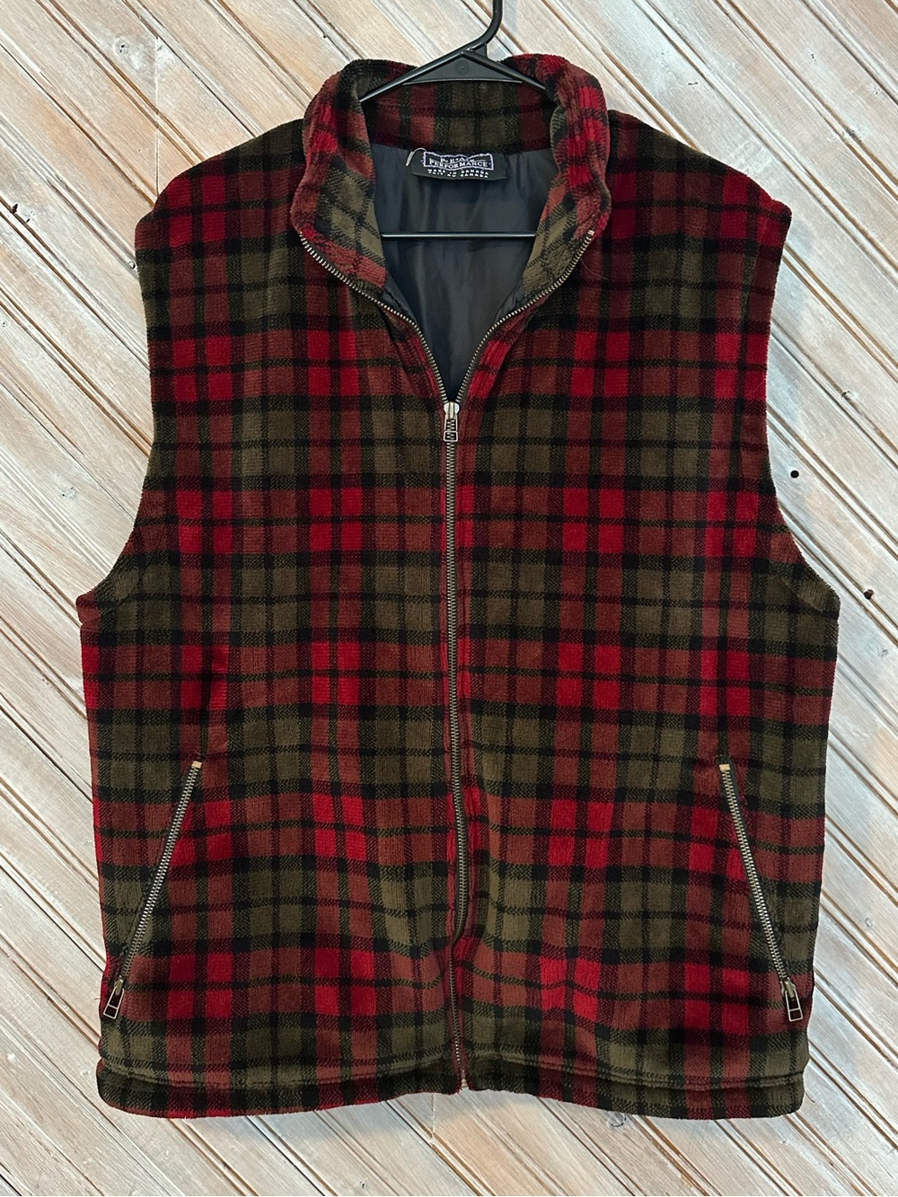 Peak Performance Red & Olive Teddy Plaid Zip Vest Polartec Activewear Pockets